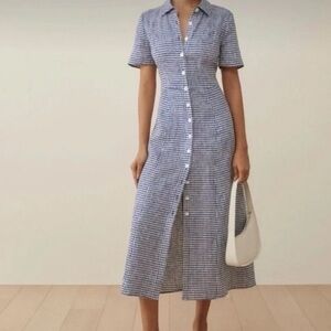 Reformation Marianne Gingham Button-Down Midi Linen Dress Size 8